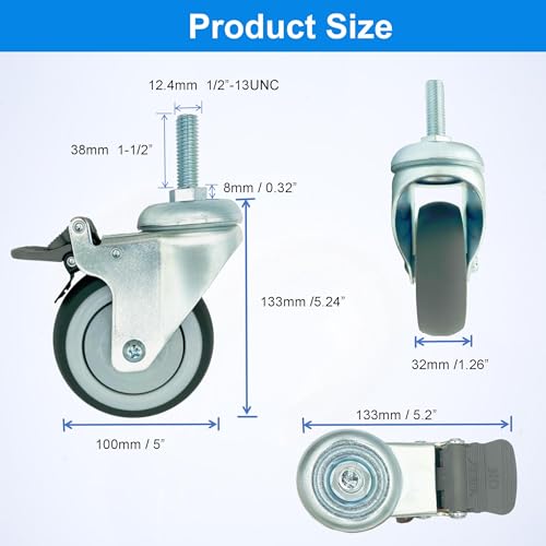 4 inch Swivel Caster Wheels Heavy Duty with Nylon Brake, 1/2" x13-1-1/2 Threaded Stem Casters Set of 4, TPR Rubber Wheels for Hospital, Lab, Furnitures,Restaurant - color: Grey TPR, size: 1/2"-13x1-1/2", style: 4 PA brake