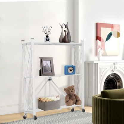 3 Tier Foldable Storage Shelf with Wheels Heavy Duty Garage Shelving - color: White, size: 3 Tier