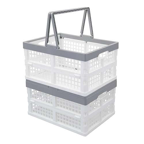 16 L Collapsible Plastic Storage Crates with Handles, Foldable Shopping Baskets, 2 Packs