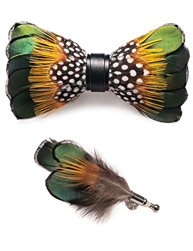 RBOCOTT Handmade Feather Pre-tied Bow tie and Brooch Sets for Men - color: Green/Yellow/White