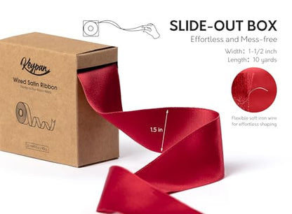 Keypan Red Satin Ribbon Double-Faced Wired 1-1/2 Inch x 10 Yards - color: Red, size: 1-1/2"