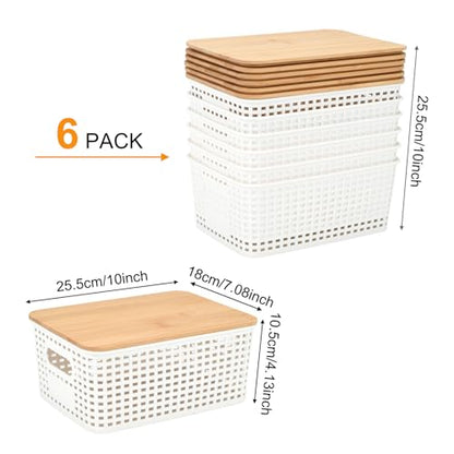 Stackable Storage Bins with Bamboo Lids, 6-Pack, BPA-Free Plastic, 5.1 Qt Capacity, Side Handle, 10x7.2x4.13 Inch, for Home Organization