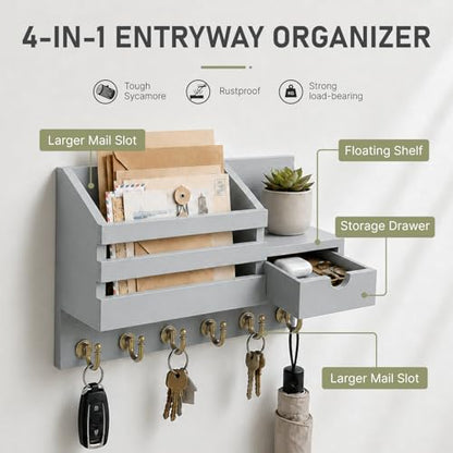 FifthQuarter Key Holder for Wall with Drawer and 6 Sturdy Hooks, A-Grey - color: A-Grey