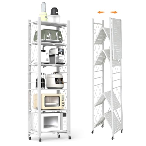 6-Tier Foldable Storage Shelves with Wheels, Folding Metal Shelf Unit - color: White, size: 6 Tier