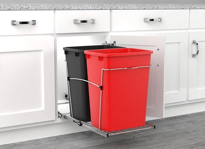 Rev-A-Shelf RV-18KD-1618C-S Double Pullout Trash Can for Kitchen Cabinets 35 Qt Garbage Recycling Bin on Full Extension Slides, Red/Black - color: Red & Black