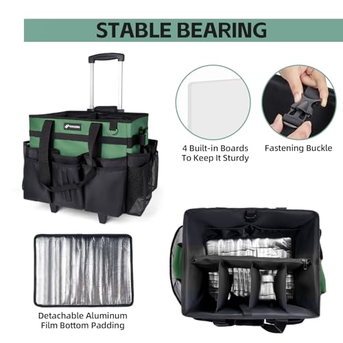 Large Rolling Cleaning Caddy Bag with Wheels, Cleaning Bag with Detachable Trolley, Cleaning Bags on Wheels for Housekeepers, Cleaning Cart Supplies Organizer for Home, Car, Picnic (Green) - color: Green