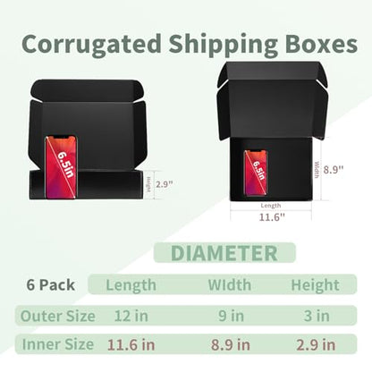 Rempry 6 Pack 12x9x3 Black Shipping Boxes, Large Cardboard Mailer Boxes for Small Business Shipping Packaging - color: Black, size: 12X9X3-6 Pack