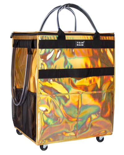 Reusable Grocery Bag with Wheels, Large Glitter Gold Rolling Tote - color: Glitter Gold, size: Large