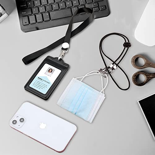 Badge Holder with 2 Lanyard Leather Easily Holds 1 to 6 Cards, Trifold Heavy Duty ID Card Holder, for Nurse Teacher School Medical Law Enforcement - color: Black
