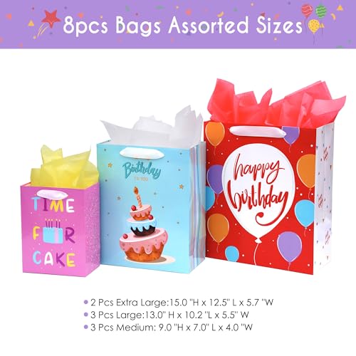 Nihuecne 8 Pack Birthday Gift Bags Assorted Sizes with Tissue Paper
