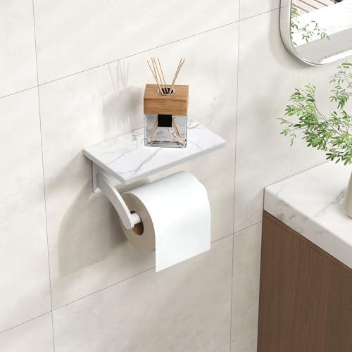 FORIOUS Natural Marble Toilet Paper Holder with Phone Shelf, Commercial - color: White, size: Single Roll