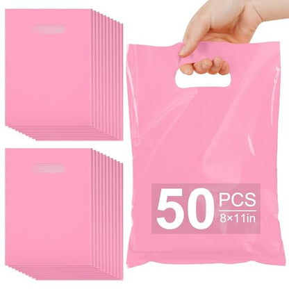 VieFantaisie 50 PCS Pink Party Favor Bags, 8" x 11" Goodie Bags for Candy Treat Craft Easter Egg, Plastic Gift Bag with Die Cut Handles for Birthday Party, School Events & Small Business, Wedding - color: Pink-50PCS-8x11Inch