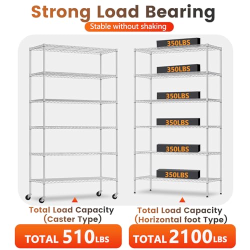 BestOffice | 6-Tier Wire Shelf with Wheels | 45" x 18" x 82" | Chrome - color: Chrome, size: 45"W x 18"D x 82"H