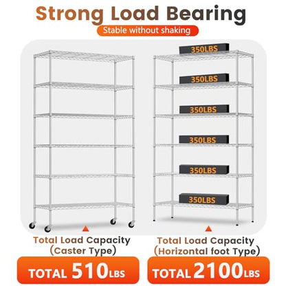 BestOffice | 6-Tier Wire Shelf with Wheels | 45" x 18" x 82" | Chrome - color: Chrome, size: 45"W x 18"D x 82"H