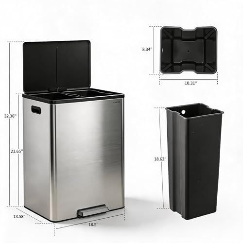 10.5 Gal Dual Compartment Stainless Steel Kitchen Trash Can with Lid, 20L+20L Recycling Garbage Bin, Soft Close Foot Pedal Trash Bin with 2 Removable Inner Buckets, Fingerprint Resistant for Home Offi - color: Stainless Steel, size: 2x5.25Gal