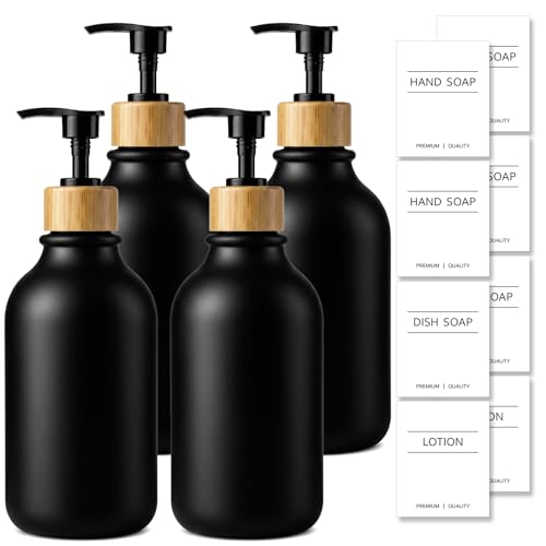 KASUNTING Black Soap Dispenser, 4 Pack Hand Soap Dispenser Bathroom with Bamboo Pump,17 Fl Oz Plastic Hand and Dish Dispenser Set for Kitchen, Refillable Liquid Soap and Lotion Dispensers Bottle - color: Black, size: 4 Bottles