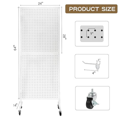 Eastern Tree Metal Pegboard Display Stand 2'x 5' with 30 Hooks, Pegboard Panels Display with Wheels, Peg Board Display Rack, Standing Pegboard Display- White - color: White