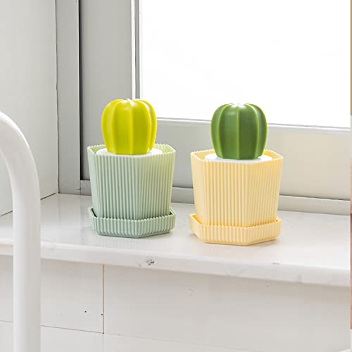 Cactus Mini Dish Brush Set with Drip Tray (3 Replacement Brushes), Durable Kitchen Cleaning Scrubbers for Plates, Pans, Pots, Sink (Green) - color: Green