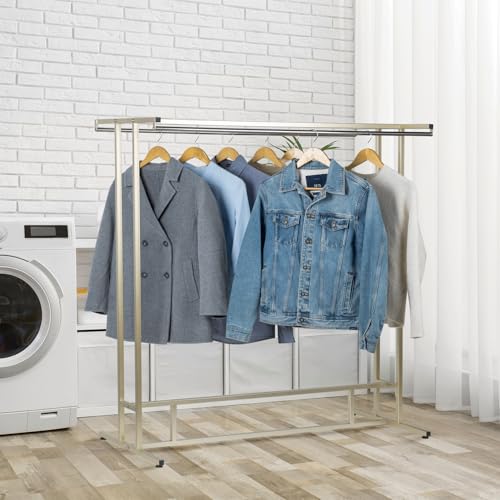 MyGift Brass Garment Rack, Double Rod Clothes Rack with Storage Shelf - color: Brass