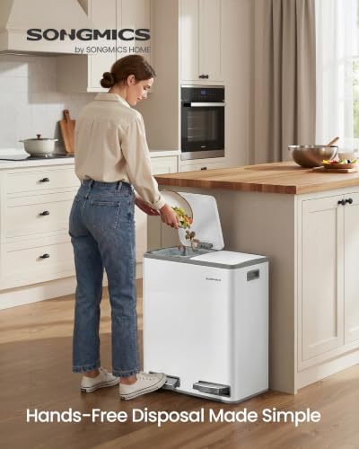 SONGMICS Trash Can, 2 x 8 Gallon (2 x 30 L) Double Compartment - color: White, size: 2 x 8 Gal.