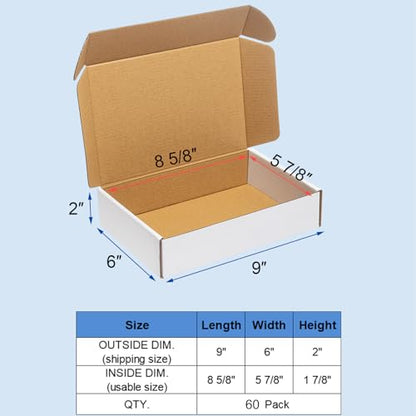 Wowxyz Shipping Boxes 9x6x2" 60 Pack White Corrugated Cardboard Box Mailer - size: 9x6x2"