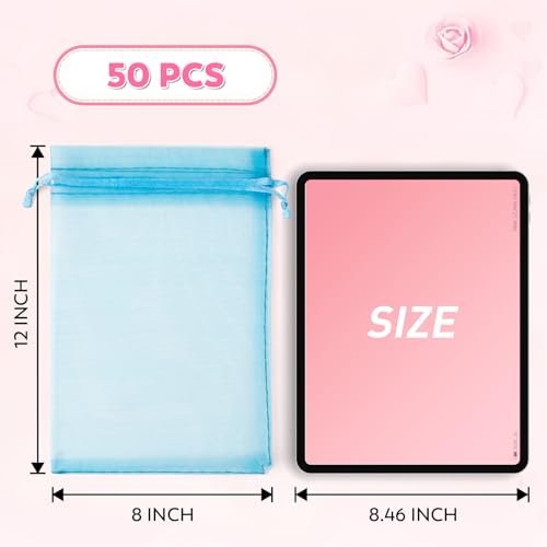 ANZNKU 50 Pcs Large Organza Bags 8x12, Small Mesh Gift Bag Drawstring Bulk - color: Lake Blue
