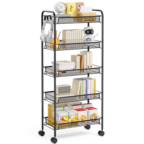 TOOLF 5 Tier Rolling Cart, Metal Utility Storage Cart with Wheels, Black - color: Black, size: 5-Tier