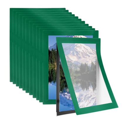 PATIKIL 4 x 6 Inch Magnetic Sign Holder, 12Pcs Self-Adhesive Magnetic Border Wall Mount PVC Picture Frames Document Holder for Wall Window Home Office Store Poster, Green - color: Green