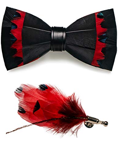 RBOCOTT Handmade Feather Pre-tied Bow tie and Brooch Sets for Men - color: Black/Red
