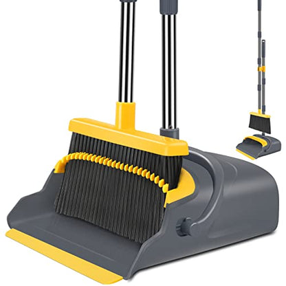 Upgrade Broom and Dustpan Set, Broom with Dustpan Combo Set, Self-Cleaning with Dustpan Teeth, Indoor&Outdoor Sweeping, Stand Up Broom and Dustpan (Gray&Yellow) - color: Gray&yellow