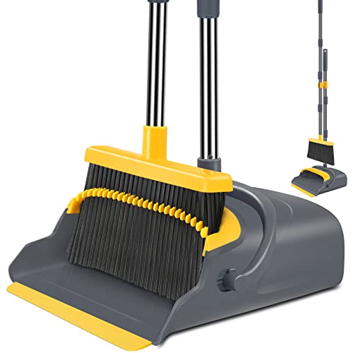 Upgrade Broom and Dustpan Set, Broom with Dustpan Combo Set, Self-Cleaning with Dustpan Teeth, Indoor&Outdoor Sweeping, Stand Up Broom and Dustpan (Gray&Yellow) - color: Gray&yellow