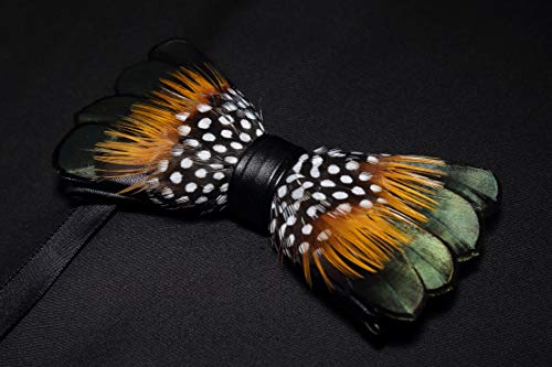 RBOCOTT Handmade Feather Pre-tied Bow tie and Brooch Sets for Men - color: Green/Yellow/White
