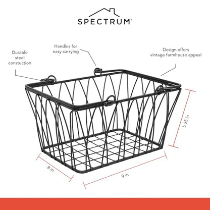 Spectrum Small Wire Basket with Handles Black Farmhouse Basket Organizer for Kitchen Bathroom Laundry Pantry Shelf Organization, Sturdy Twist Wire Metal Basket with Handle for Gifts or Storage - size: Small