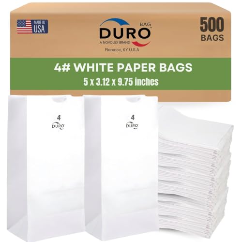 DURO 51004 4# White Paper Lunch Bags, 5 x 3.12 x 9.75 in, 500 Ct