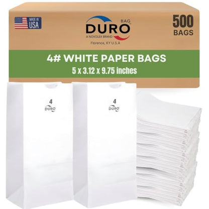 DURO 51004 4# White Paper Lunch Bags, 5 x 3.12 x 9.75 in, 500 Ct