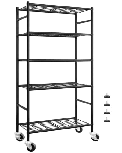 Sakugi 5-Tier Storage Shelves 33.1" x12.6" x73.5" Black with Wheels - color: Black, size: 33.1W x 12.6D x 73.5H(5T)