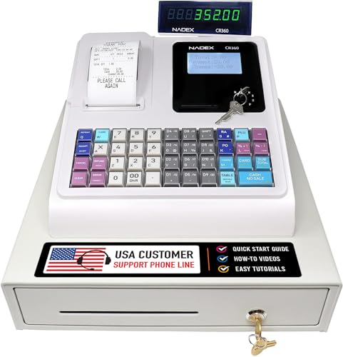 Nadex CR360 Cash Register, 4700 Lookups 50 Dept 50 Clerks, Quick Load Thermal Printer, Compact Size, Cash and Coin Drawer, White - color: White
