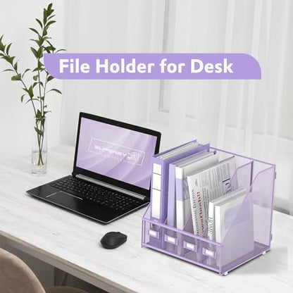 SUPEASY Magazine File Holder Desk Organizer, Metal Binder Holder with 4 Vertical Compartments for Office Home School, Purple - color: Purple
