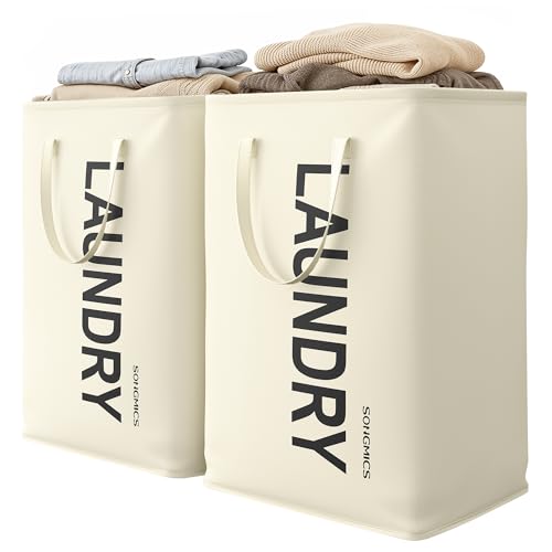 SONGMICS Laundry Hamper, 80L Foldable Basket, 2 Pack, Water-Repellent - color: Cream White, size: 2 Pack