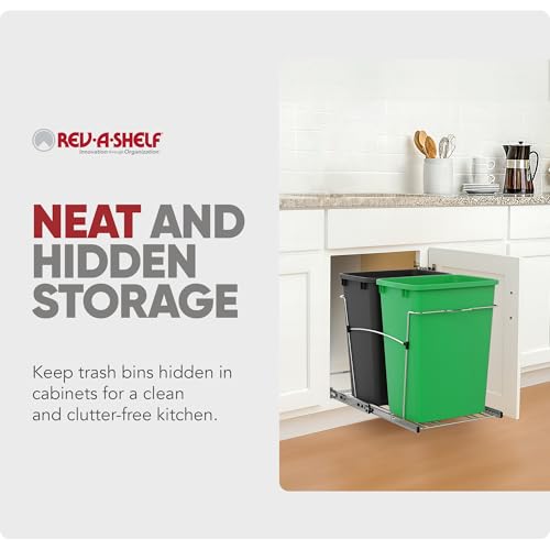 Rev-A-Shelf Double Pullout Garbage Trash Cans for Kitchen Cabinets, 35 Qt - color: Black & Green