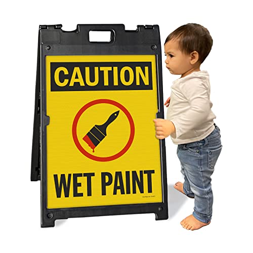 SmartSign 24 x 18 inch “Caution - Wet Paint” Two-Sided BabyBoss A-Frame Sign Kit, Plastic, Red, Black and Yellow (1 A-Frame + 2 Sign Panels), Made in USA - color: 24" x 18" BabyBoss Kit