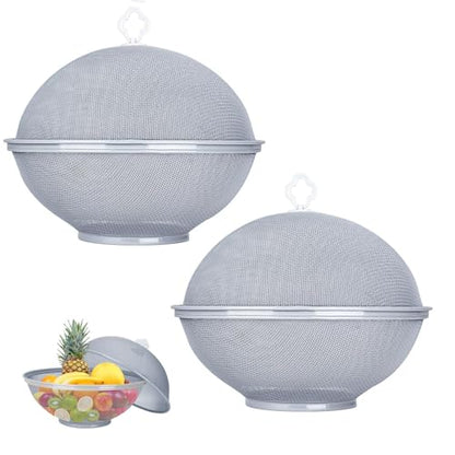 Fruit Fly Proof Fruit Storage Basket, Metal Mesh Fruit Bowl w Lid, Grey2PCS - color: 2PCS/Grey