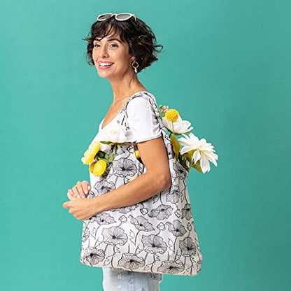 rockflowerpaper Reusable Grocery Bags - Washable, Foldable, Packable Tote, Large Handles, Heavy Duty, Zippered Top Pouch - color: Poppy