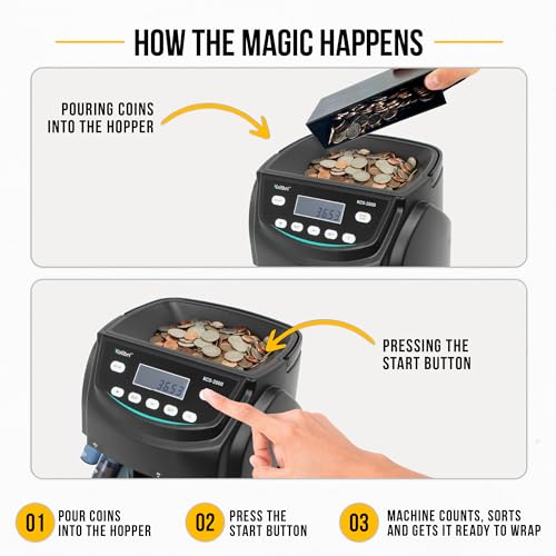 Kolibri KCS-2000 Professional USD Coin Counter Machine, Coin Sorter, Wrapper/Roller | 300 Coins/min, LED Display, Batch Feature | USD Change Counter (USA Tech Support)