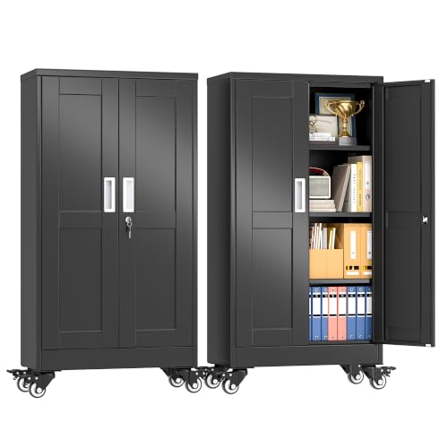 pozdeg 45.6" Black Lockable Rolling Metal Garage Storage Cabinet - color: Black, size: 11.8"D x 23.7"W x 45.6"H