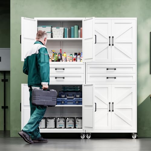 Letaya Metal Garage Storage Cabinets with Wheels,White Rolling Tool Cabinet - color: White, size: 16” D x 31.5” W x 73” H