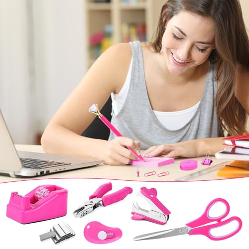 Hot Pink Desk Accessory Kit Cute Office Supplies Set Desktop Stapler Set Includes Staple Remover Hole Punch Tape Dispenser Ballpoint Pen Scissor Mini Box Cutter Tape Measure Paper Clips Sticky Notes - color: Hot Pink