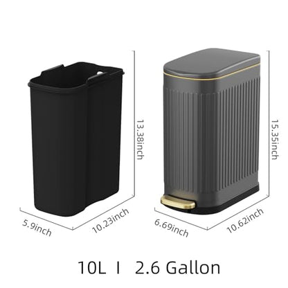 KSSKSS 2.6 Gallon Slim Bathroom Trash Can with Soft Close Lid, 10L Stainless Steel Garbage Can with Removable Liner Bucket, for Narrow Spaces, Bathroom, Bedroom (Gray) - color: Gray
