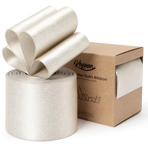 Keypan Champagne Satin Ribbon Wired Silver Glitter 2-1/2 Inch x 10 Yards - color: Glitter Champagne, size: 2-1/2"