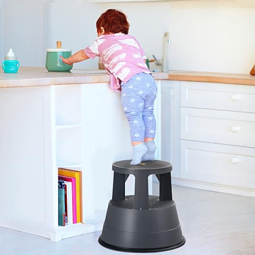 LDAILY Rolling Step Stool, Round Rolling Stool with Wheels Max Load 350 lbs, Non-Slip & Locking Platform, Small Plastic Library Step Stools for Adults & Seniors, Ideal for Kitchen, Home Office, Garage